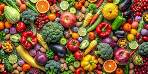 Repeating pattern of fruits and vegetables forming a textured background  food  healthy  fresh  organic  colorful  backdrop