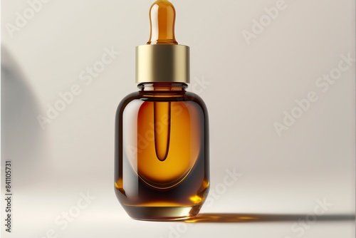 A dark amber glass bottle with a dropper, surrounded by yellow and purple flowers on a minimalist gray background, highlighting the essence of natural skincare and aromatherapy