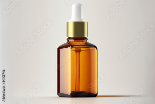 A dark amber glass bottle with a dropper, surrounded by yellow and purple flowers on a minimalist gray background, highlighting the essence of natural skincare and aromatherapy