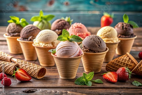 Assorted tasty ice cream flavors including chocolate chip  vanilla  and strawberry  ice cream  flavors  assortment