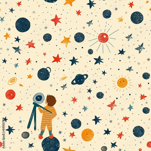 A charming illustration of a toy telescope, with a child peering through it at the stars, igniting curiosity and wonder about the universe. Minimal pattern banner wallpaper, simple background, photo