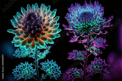 A close-up of two vibrant, multicolored flowers glowing against a dark background, showcasing their iridescent petals and intricate beauty, ultraviolet induced visible fluorescence