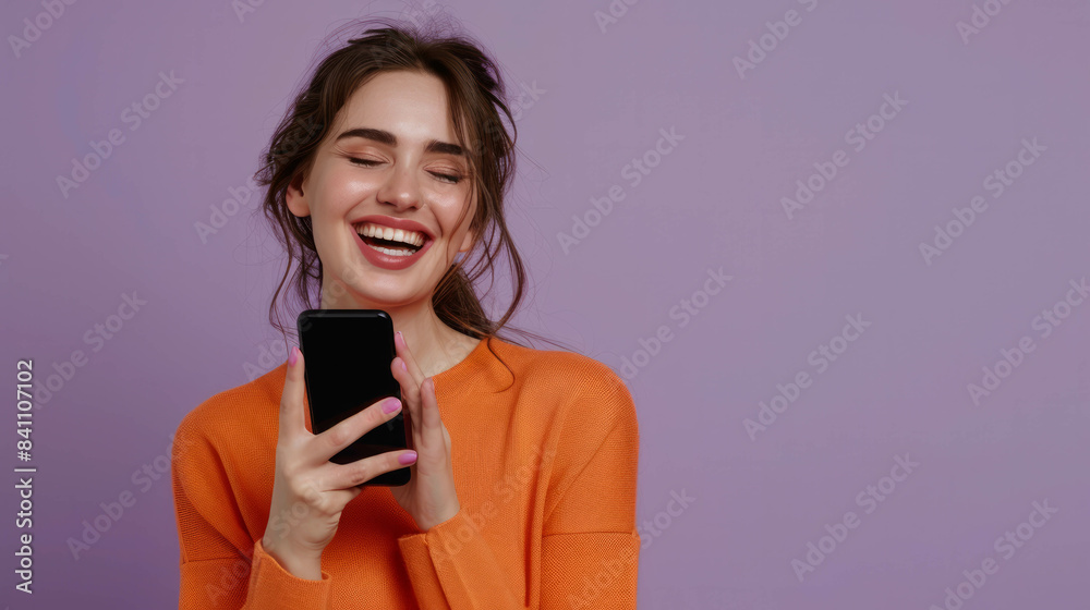 Experience the joy of a young woman chatting on a black phone against a plain pastel purple backdrop in this studio portrait. AI generative. Experience the joy of a young woman chatting on a black phone against a plain pastel purple backdrop in this studio portrait. AI generative.