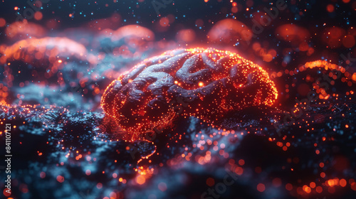 Glowing Human Brain in a Digital Landscape photo