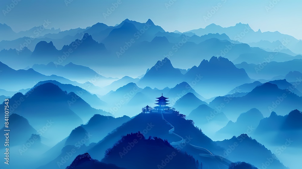 Fototapeta premium blue national style celadon traditional architecture landscape illustration poster background