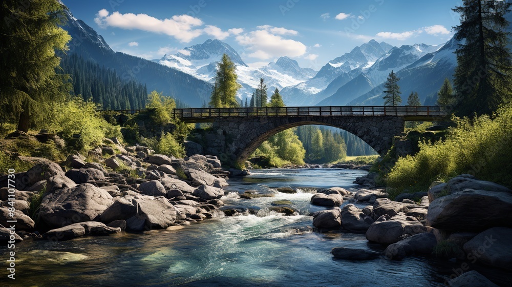 A bridge stretches over a river with mountains in the background. A bridge stretches over a river with mountains in the background.