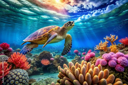 Colorful coral and a majestic turtle swimming gracefully in the clear ocean waters, turtle, swimming, underwater photo