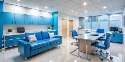 Modern medical office with sleek blue furniture and technology, medical office, blue, furniture, AI