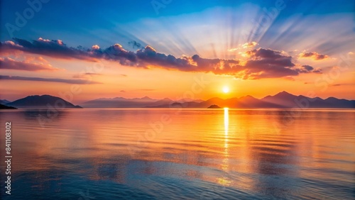 Minimalist panoramic sunrise over sea and mountains, coastal, radiance, sunrise, sea, mountains, minimalist, panoramic, serene © wasana