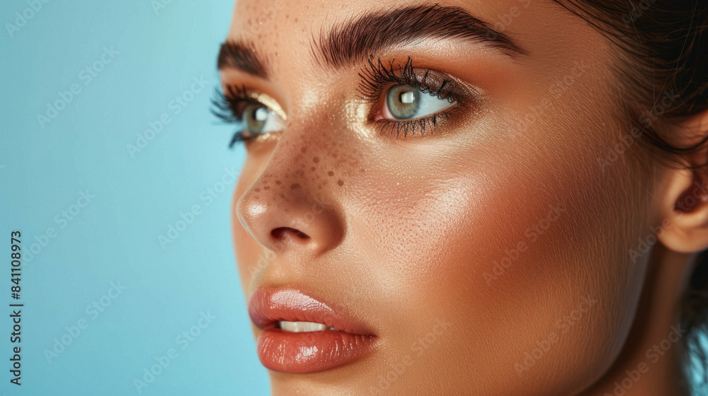 A woman with green eyes and brown hair is wearing makeup. She has a light brown nose and a light brown chin A woman with green eyes and brown hair is wearing makeup. She has a light brown nose and a light brown chin