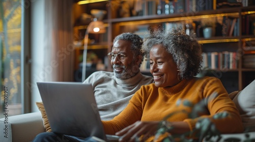 Wallpaper Mural Mature couple enjoying a video call with their financial advisor from their home, discussing savings and investments, cozy and inviting setting, clear communication Torontodigital.ca