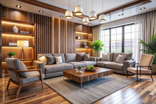 Modern living room with wood accents and comfortable seating in a contemporary home design