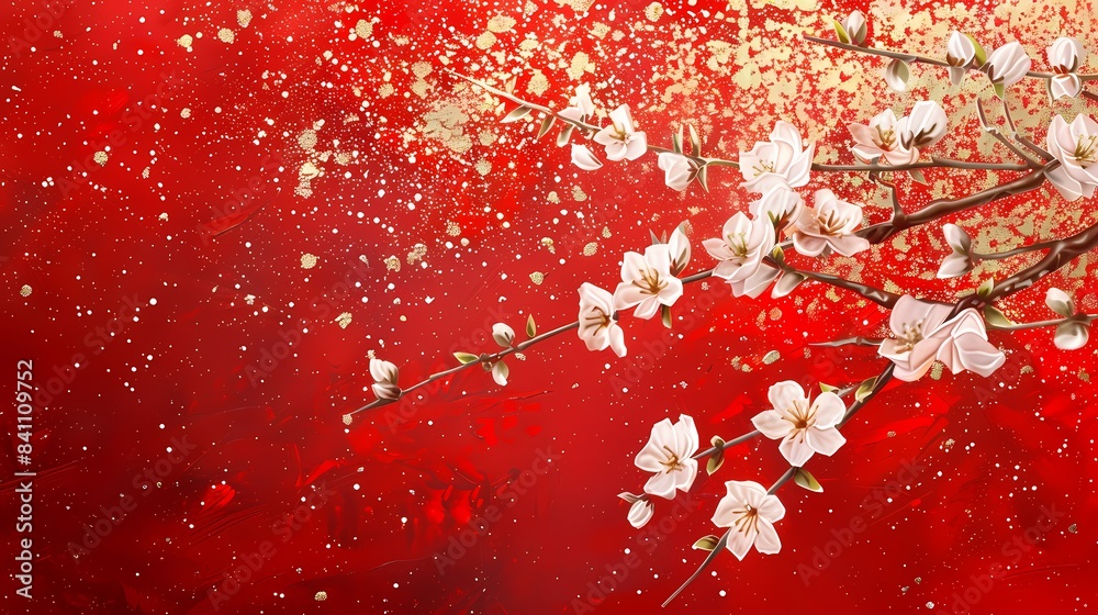 Traditional gold foil art red and white plum blossom illustration poster background