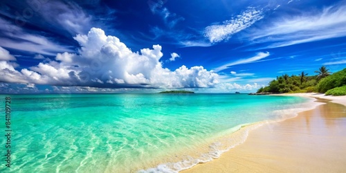 Tropical beach paradise with turquoise water, soft sand, under a bright summer sky, beach, paradise, tropical