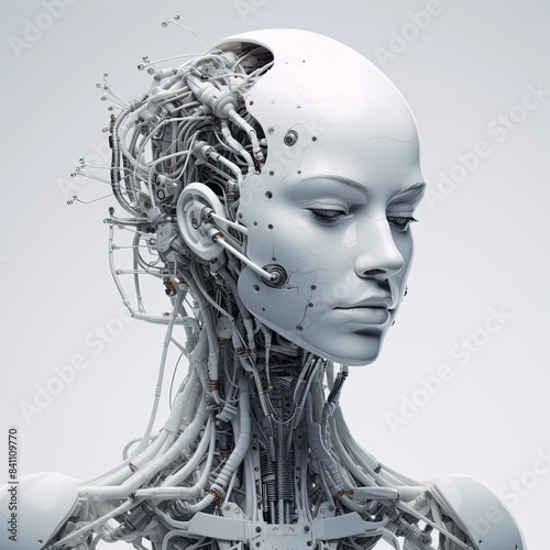 Futuristic android head, sleek, exposed wires, integrated nodes
