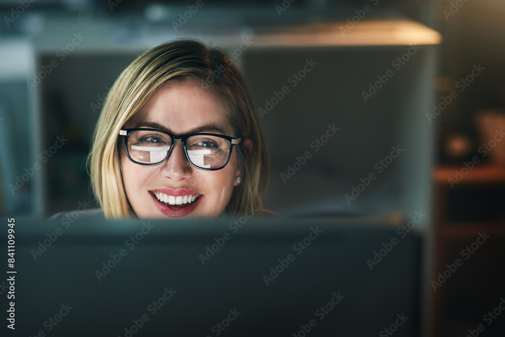 Reading, reflection and glasses of business woman in office for typing email, planning and working overtime. Professional, career and receptionist for administration, research and information on pc Reading, reflection and glasses of business woman in office for typing email, planning and working overtime. Professional, career and receptionist for administration, research and information on pc