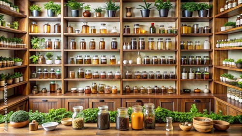 Homeopathic shop interior with shelves of herbs and tinctures for natural healing, homeopathy photo