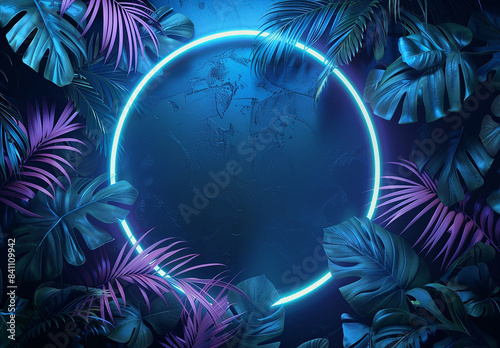Mesmerizing Neon Jungle: Blue Tropical Leaves with Glowing Circle © SAHANAZ