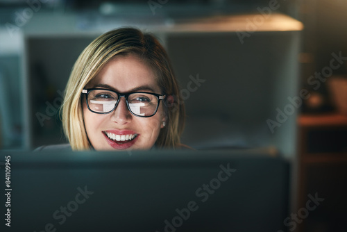 Reading, reflection and glasses of business woman in office for typing email, planning and working overtime. Professional, career and receptionist for administration, research and information on pc