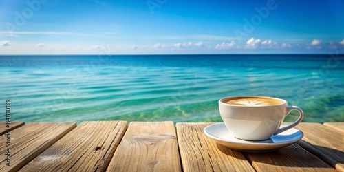 Refreshing cup of latte on wooden table with serene blue sea and sky in background, latte, cup, coffee, wooden table, sea, ocean
