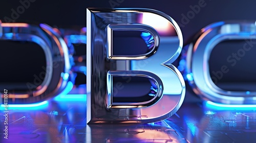 B in Futuristic Style  Three-Dimensional Silver Metal with Technological Blue Glow