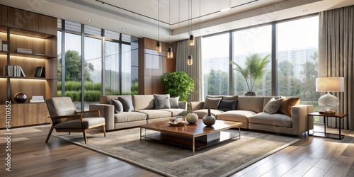 Modern living room with sleek furniture, neutral color palette, and large windows , minimalistic