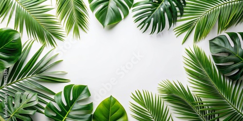 Tropical leaves arrangement on white background, foliage, plant, bush, floral, nature, backdrop, isolated, lush, green