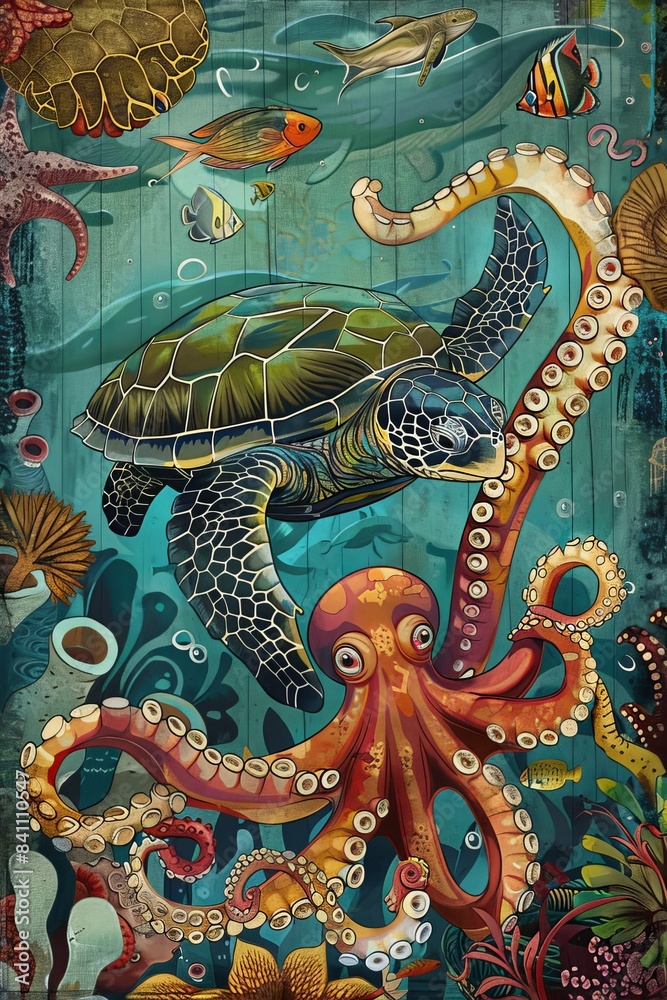 Fototapeta premium Beach Ocean Sea ,Turtle ,Octopus, Coastal, Whale, Seahorse 