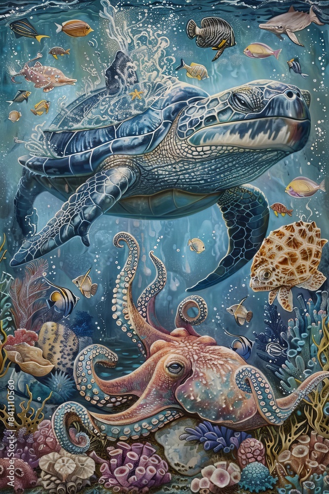 Fototapeta premium Beach Ocean Sea ,Turtle ,Octopus, Coastal, Whale, Seahorse