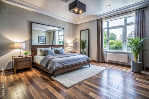 Modern bedroom with wooden floors and large framed mirror  high-contrast shading  modern  bedroom  wooden floors