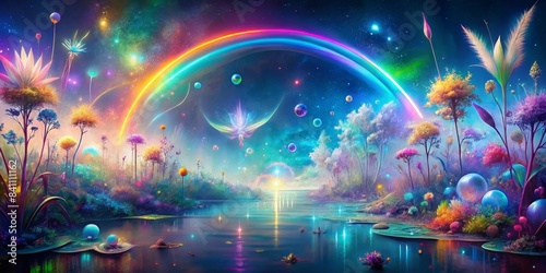Spectral dreamscape with iridescent flora and fauna dancing in a digital rainbow glow  rainbow  iridescent  spectral  dreamscape