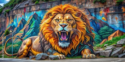Bold graffiti-style mural of roaring lion atop rocky cliff, lion, graffiti, mural, art, urban, street, spray paint