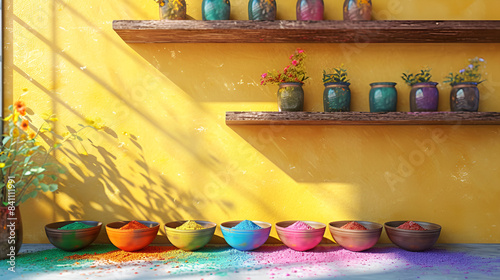 Colorful pots and vases adorning a yellow wall in a vibrant room.