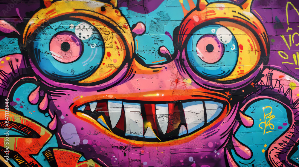 Colorful Graffiti Monster Mural on Brick Wall in Urban Setting