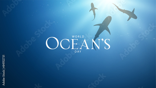 World Oceans Day. Vector illustration of seabed surrounded by sharks. Celebrated every year on June 8. Suitable for greeting cards, banners, social media, web etc