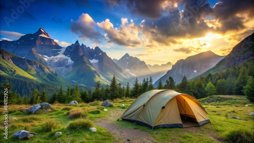 Scenic tourist camp in the mountains, with a tent in the foreground, mountains, tourist camp, tent, camping