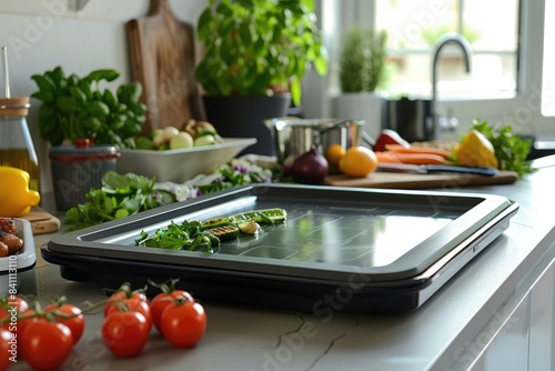 A modern, electric griddle with a non-stick surface and sleek design, set against a busy kitchen countertop. photo