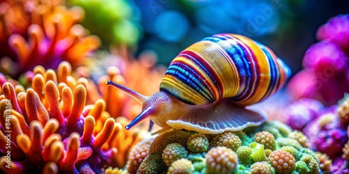 Vibrant Babylonia Spirata Snail crawling on colorful coral in saltwater aquarium, snail, Babylonia Spirata, vibrant photo