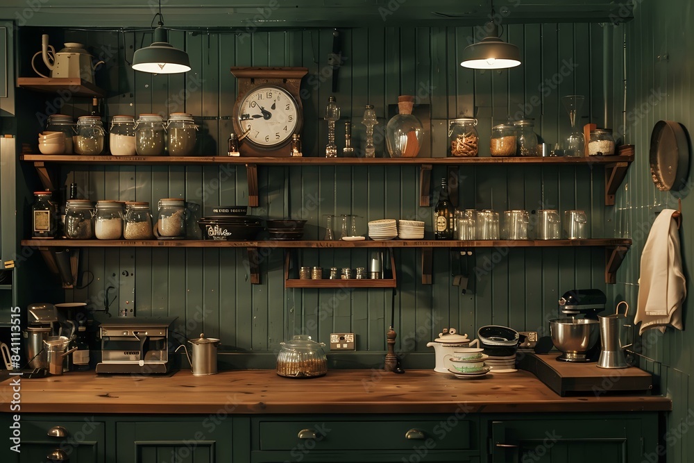 In the kitchen, a wooden shelf and green wall panelling