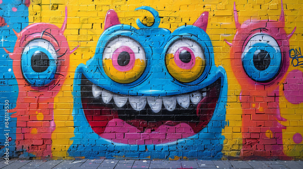 Colorful Monster Graffiti on Brick Wall in City Alley Colorful Monster Graffiti on Brick Wall in City Alley