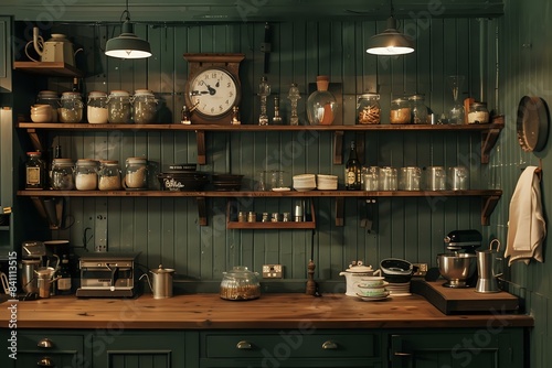 In the kitchen  a wooden shelf and green wall panelling