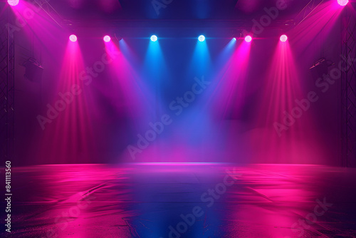 Dancing floor with colorful lights on dark background, empty stage for product presentation, concert or party. Abstract night club studio room.  © Rubab