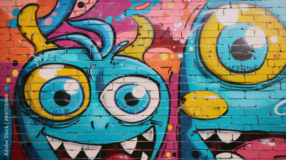 Colorful Monster Graffiti Mural On Brick Wall In Urban Setting