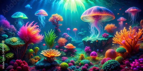 Vibrant neon generative image featuring seaweed, algae, shells, and jellyfish glowing underwater, seaweed, algae