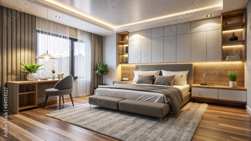 Modern apartment bedroom with clean lines, bright lighting, and modern furniture, modern, apartment
