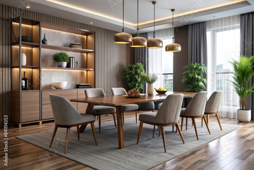 Modern dining room interior with stylish furniture, dining room, modern, interior design, furniture, contemporary © wasana