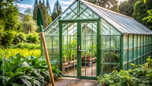 Green spear standing next to a modern green house surrounded by lush plants, representing a vegan lifestyle
