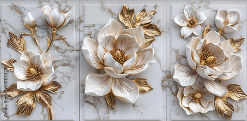 3D wallpaper with golden flowers, magnolia and leaves on a marble background. Luxury wall art design in white color with decorative elements © Ikhou