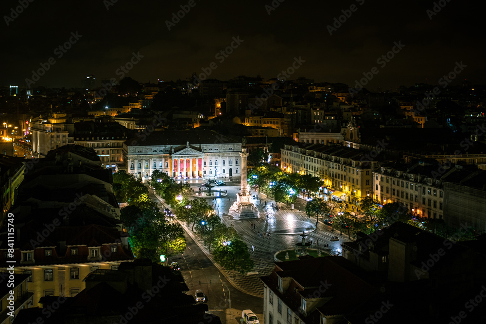 Fototapeta premium Night View of Rossio Square and National Theatre from Santa Justa Elevator - Lisbon, Portugal