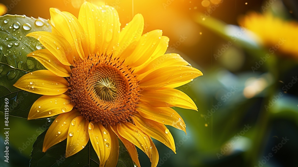 Fototapeta premium close-up portrait of beautiful sunflower with splash of fresh water droplets